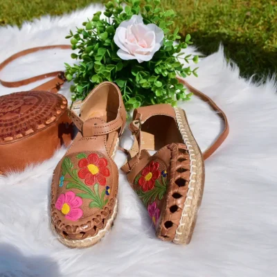 Floral Handpainted Tooled Huarache Shoe Mexican Style Boho