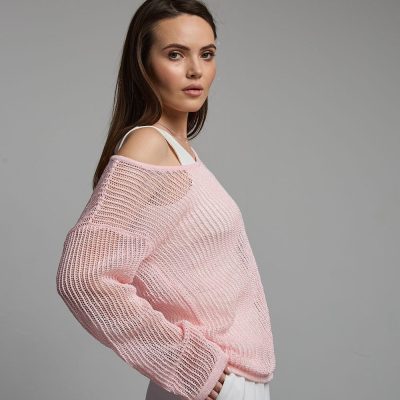 Soft Glossy Sweater Translucent Top Cold Shoulder Long