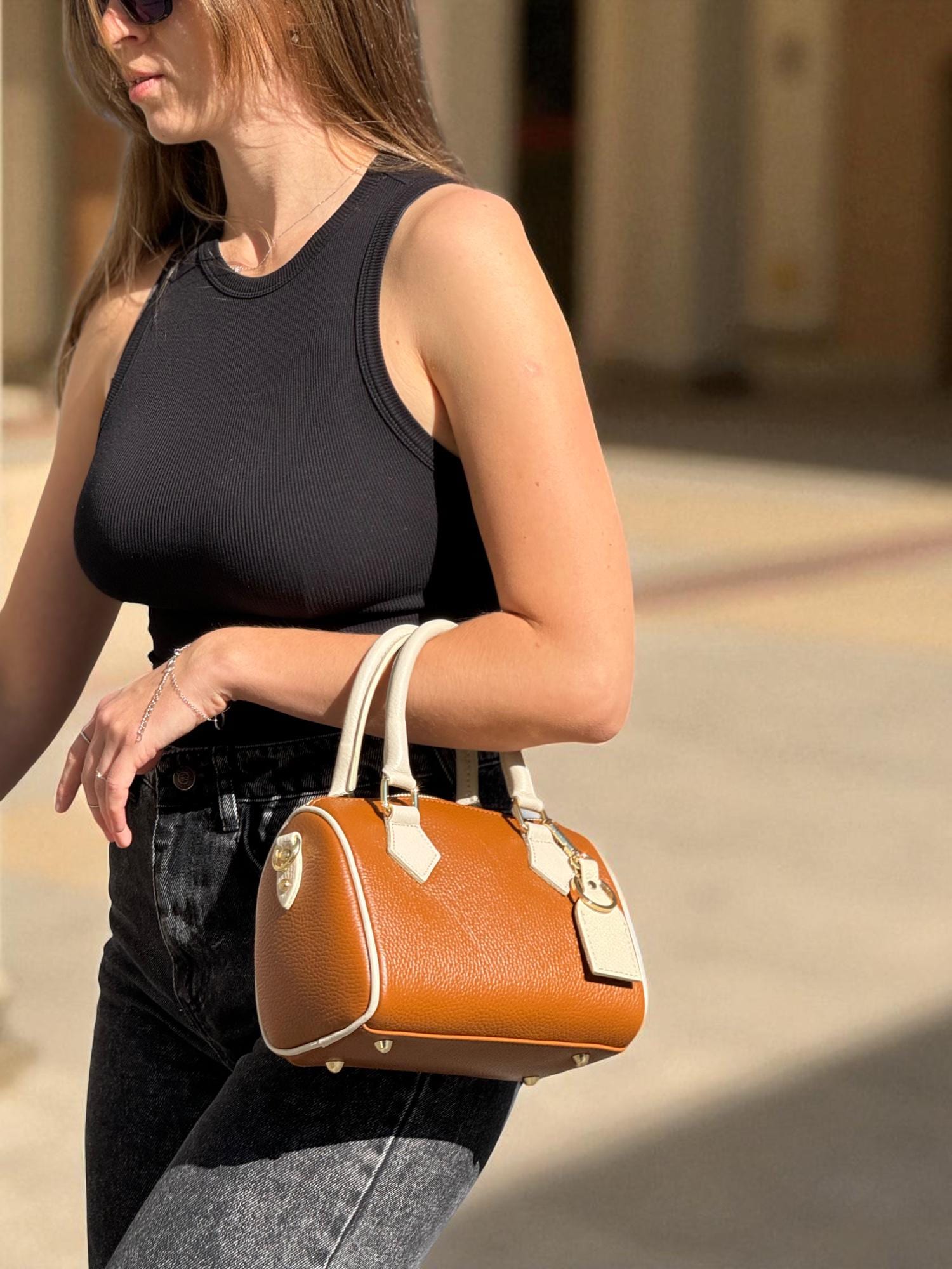 Cognac Brown Italian Leather Boston Bag Handmade Two